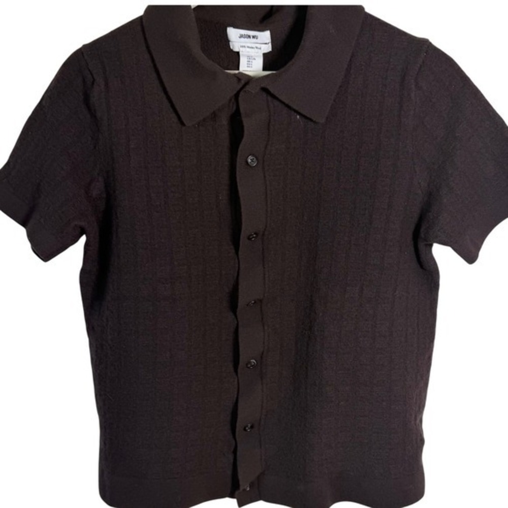 Jason Wu Brown 100% Extra Fine Merino‎ Wool Short Sleeve Polo Cardigan Sweater L